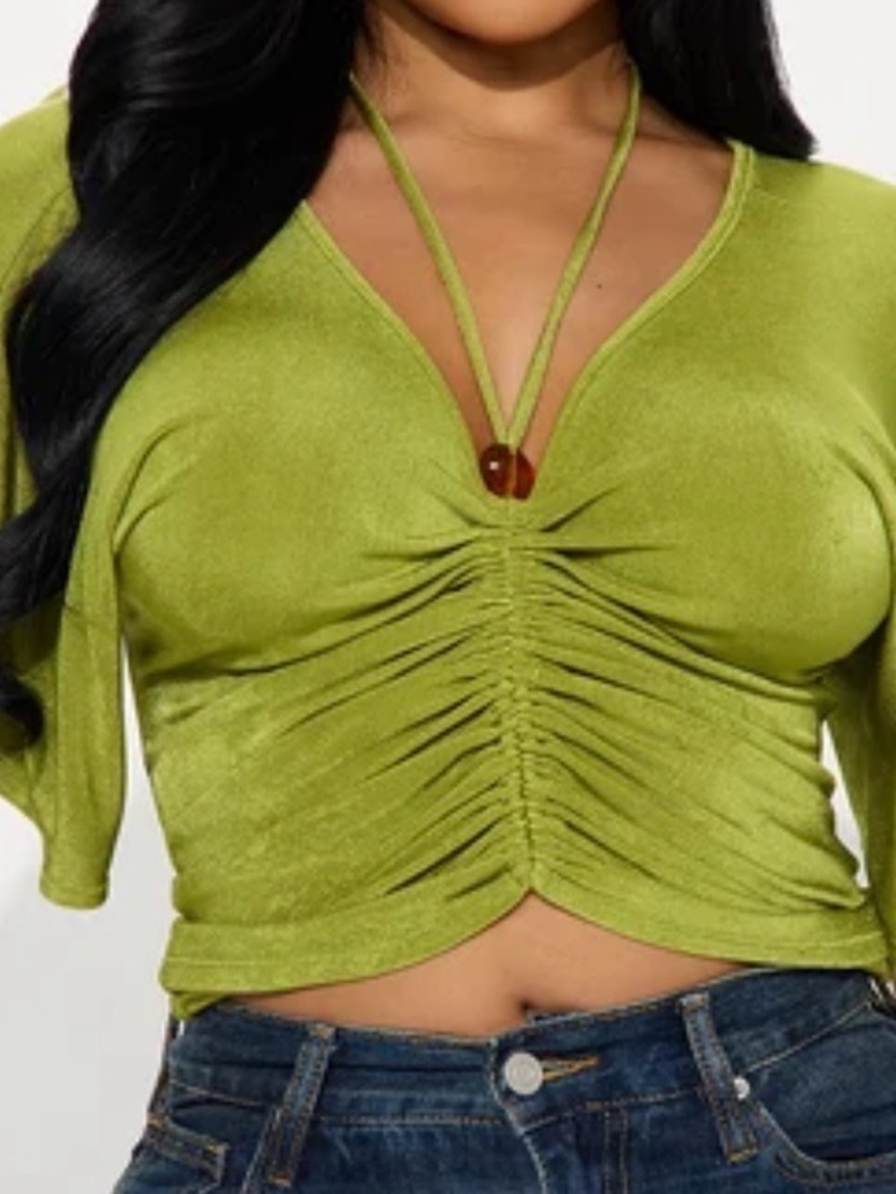 Fashion Nova Olive Green Ruched V-Neck Crop Top